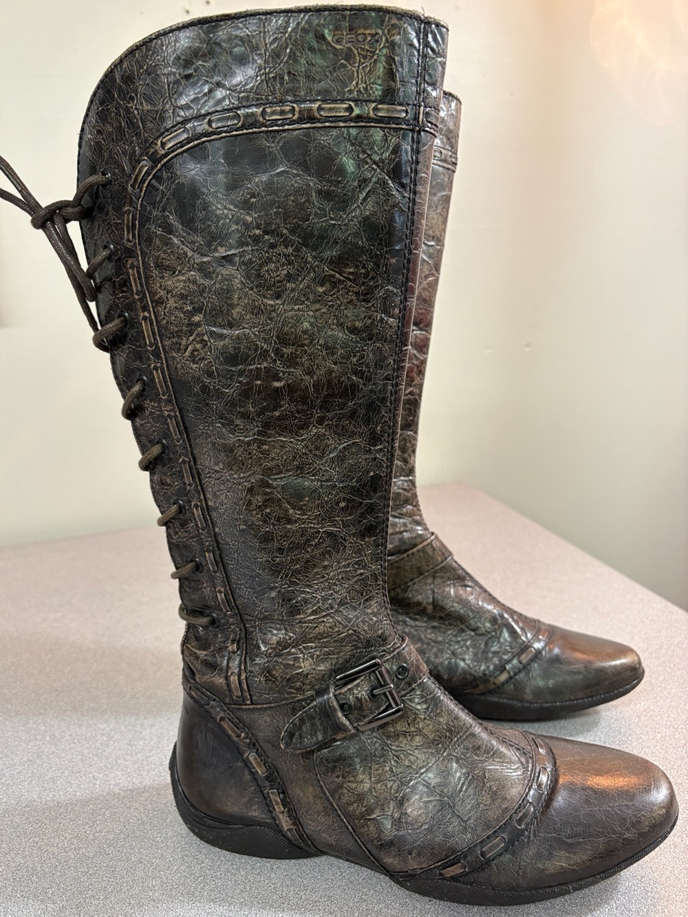 Geox Kink Distressed Brown Lace-Up Tall Buckle Boots